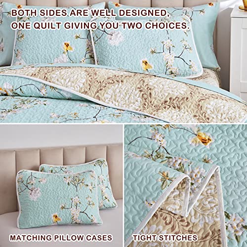 Joyreap 3 Pieces Reversible Floral Quilt Set Aqua, Microfiber Soft Quilt, Elegant Flower Design Bedspread, Lightweight Bed Cover for All Season, 1 Quilt n 2 Pillow Shams (Full/Queen, 90x90 inches)