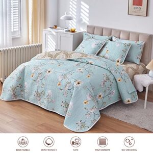 Joyreap 3 Pieces Reversible Floral Quilt Set Aqua, Microfiber Soft Quilt, Elegant Flower Design Bedspread, Lightweight Bed Cover for All Season, 1 Quilt n 2 Pillow Shams (Full/Queen, 90x90 inches)