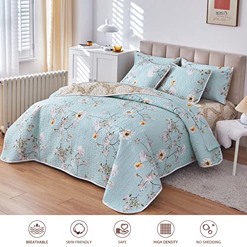 Joyreap 3 Pieces Reversible Floral Quilt Set Aqua, Microfiber Soft Quilt, Elegant Flower Design Bedspread, Lightweight Bed Cover for All Season, 1 Quilt n 2 Pillow Shams (Full/Queen, 90x90 inches)