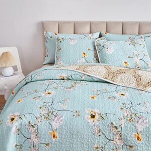 Joyreap 3 Pieces Reversible Floral Quilt Set Aqua, Microfiber Soft Quilt, Elegant Flower Design Bedspread, Lightweight Bed Cover for All Season, 1 Quilt n 2 Pillow Shams (Full/Queen, 90x90 inches)
