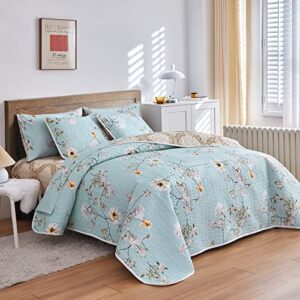 Joyreap 3 Pieces Reversible Floral Quilt Set Aqua, Microfiber Soft Quilt, Elegant Flower Design Bedspread, Lightweight Bed Cover for All Season, 1 Quilt n 2 Pillow Shams (Full/Queen, 90x90 inches)