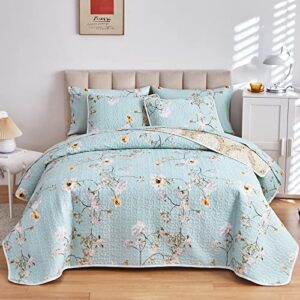 Joyreap 3 Pieces Reversible Floral Quilt Set Aqua, Microfiber Soft Quilt, Elegant Flower Design Bedspread, Lightweight Bed Cover for All Season, 1 Quilt n 2 Pillow Shams (Full/Queen, 90x90 inches)