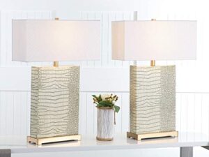 safavieh lighting collection joyce modern art deco cream faux snakeskin rectangle shade 28-inch bedroom living room home office desk nightstand table lamp set of 2 (led bulbs included)