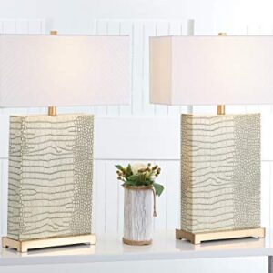 SAFAVIEH Lighting Collection Joyce Modern Art Deco Cream Faux Snakeskin Rectangle Shade 28-inch Bedroom Living Room Home Office Desk Nightstand Table Lamp Set of 2 (LED Bulbs Included)