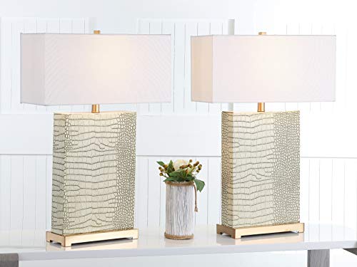 SAFAVIEH Lighting Collection Joyce Modern Art Deco Cream Faux Snakeskin Rectangle Shade 28-inch Bedroom Living Room Home Office Desk Nightstand Table Lamp Set of 2 (LED Bulbs Included)