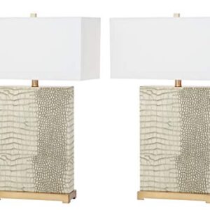 SAFAVIEH Lighting Collection Joyce Modern Art Deco Cream Faux Snakeskin Rectangle Shade 28-inch Bedroom Living Room Home Office Desk Nightstand Table Lamp Set of 2 (LED Bulbs Included)