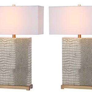 SAFAVIEH Lighting Collection Joyce Modern Art Deco Cream Faux Snakeskin Rectangle Shade 28-inch Bedroom Living Room Home Office Desk Nightstand Table Lamp Set of 2 (LED Bulbs Included)