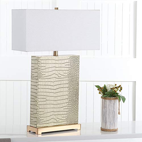 SAFAVIEH Lighting Collection Joyce Modern Art Deco Cream Faux Snakeskin Rectangle Shade 28-inch Bedroom Living Room Home Office Desk Nightstand Table Lamp Set of 2 (LED Bulbs Included)