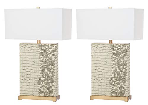 SAFAVIEH Lighting Collection Joyce Modern Art Deco Cream Faux Snakeskin Rectangle Shade 28-inch Bedroom Living Room Home Office Desk Nightstand Table Lamp Set of 2 (LED Bulbs Included)