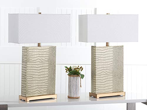 SAFAVIEH Lighting Collection Joyce Modern Art Deco Cream Faux Snakeskin Rectangle Shade 28-inch Bedroom Living Room Home Office Desk Nightstand Table Lamp Set of 2 (LED Bulbs Included)