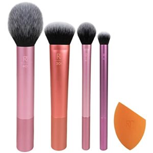 real techniques everyday essentials kit, makeup brushes & makeup blending sponge, makeup tools for foundation, blush, bronzer, & eyeshadow, synthetic bristles, 5 piece set