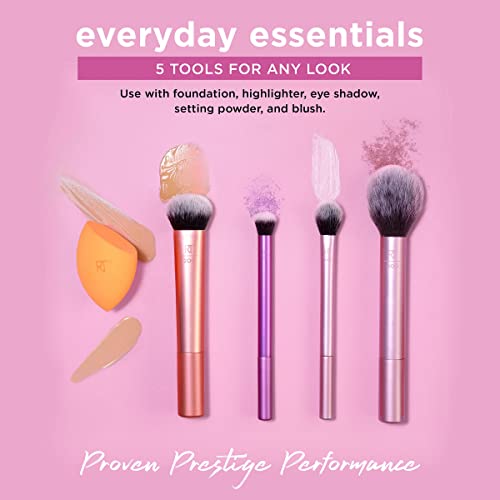 Real Techniques Everyday Essentials Kit, Makeup Brushes & Makeup Blending Sponge, Makeup Tools For Foundation, Blush, Bronzer, & Eyeshadow, Synthetic Bristles, 5 Piece Set