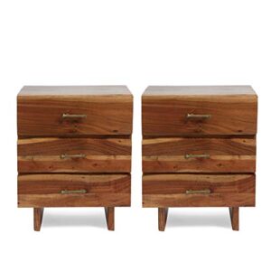 christopher knight home terrell handcrafted boho acacia wood 3 drawer nightstand (set of 2), dark natural