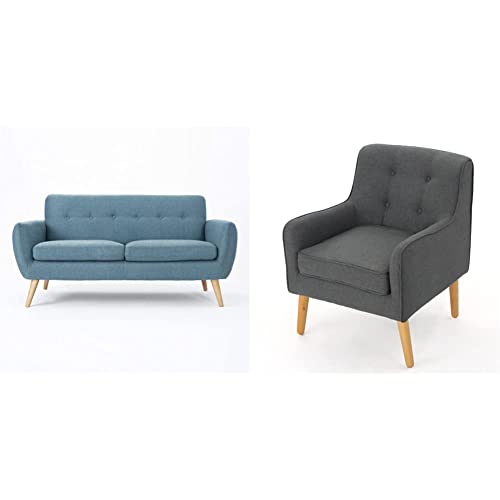 Christopher Knight Home Josephine Mid-Century Modern Petite Fabric Sofa, Blue/Natural & Felicity Mid-Century Fabric Arm Chair, Charcoal