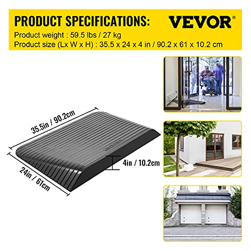 VEVOR Rubber Threshold Ramp, 4" Rise Threshold Ramp Doorway, Recycled Rubber Power Threshold Ramp Rated 2200 Lbs Load Capacity, Non-Slip Surface Rubber Solid Threshold Ramp for Wheelchair and Scooter