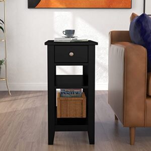 ChooChoo Side Table Living Room, Narrow End Table with Drawer and Shelf, 3-Tier Sofa End Table for Small Space, Black