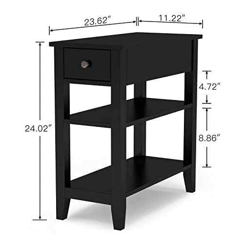 ChooChoo Side Table Living Room, Narrow End Table with Drawer and Shelf, 3-Tier Sofa End Table for Small Space, Black