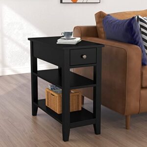 ChooChoo Side Table Living Room, Narrow End Table with Drawer and Shelf, 3-Tier Sofa End Table for Small Space, Black
