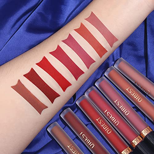 QiBest 7Pcs Matte Liquid Lipstick + 1Pcs Lip Plumper Makeup Set Kit, Pigmented Long Lasting Lip Gloss Set, Velvet Waterproof Lip Makeup Gift Sets for Girls and Women