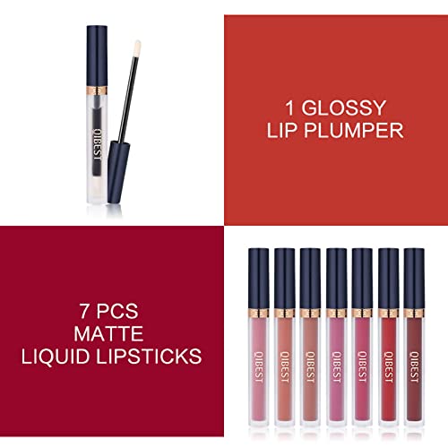 QiBest 7Pcs Matte Liquid Lipstick + 1Pcs Lip Plumper Makeup Set Kit, Pigmented Long Lasting Lip Gloss Set, Velvet Waterproof Lip Makeup Gift Sets for Girls and Women