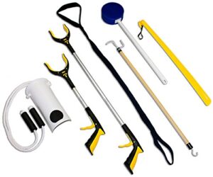 rms premium 7-piece hip knee replacement kit with leg lifter, 19 and 32 inch rotating reacher grabber, long handle shoe horn, sock aid, dressing stick, bath sponge – for knee or back surgery recovery