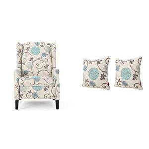 christopher knight home westeros traditional wingback fabric recliner chair (white & blue floral) and ippolito fabric pillows, 2-pcs set, white and blue floral