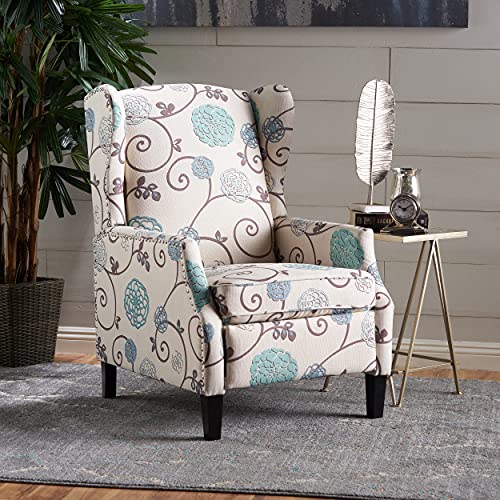 Christopher Knight Home Westeros Traditional Wingback Fabric Recliner Chair (White & Blue Floral) and Ippolito Fabric Pillows, 2-Pcs Set, White and Blue Floral