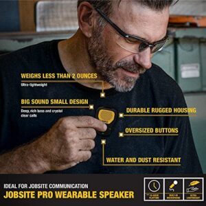 DEWALT Wearable Bluetooth Portable Speaker — Magnetic Clip-On Wireless Bluetooth Speaker — Jobsite Pro Water-Resistant Portable Speaker — Built-in Mic for Hands-Free Music and Calls