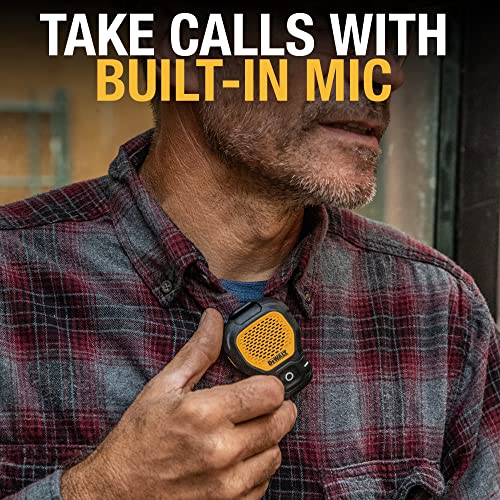 DEWALT Wearable Bluetooth Portable Speaker — Magnetic Clip-On Wireless Bluetooth Speaker — Jobsite Pro Water-Resistant Portable Speaker — Built-in Mic for Hands-Free Music and Calls