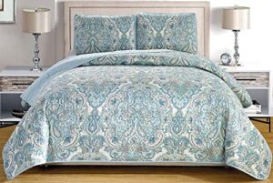 3-piece fine printed oversize (115″ x 95″) quilt set reversible bedspread coverlet king size bed cover (pale blue, grey, paisley)