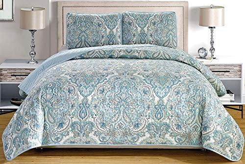 3-Piece Fine Printed Oversize (115" X 95") Quilt Set Reversible Bedspread Coverlet King Size Bed Cover (Pale Blue, Grey, Paisley)