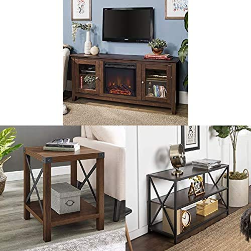 Walker Edison Rustic Wood and Glass Fireplace TV Stand for TV Storage Cabinet Doors and Shelves with Small End Table and Bookcase Tall Bookshelf Home Office Storage