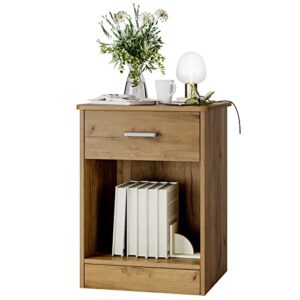 fotosok nightstand, 2-tier side table with drawer and storage shelf, bedside table end table, modern night stand for bedroom, living room, home office, wooden grain