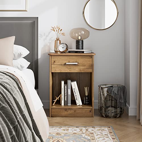 FOTOSOK Nightstand, 2-Tier Side Table with Drawer and Storage Shelf, Bedside Table End Table, Modern Night Stand for Bedroom, Living Room, Home Office, Wooden Grain