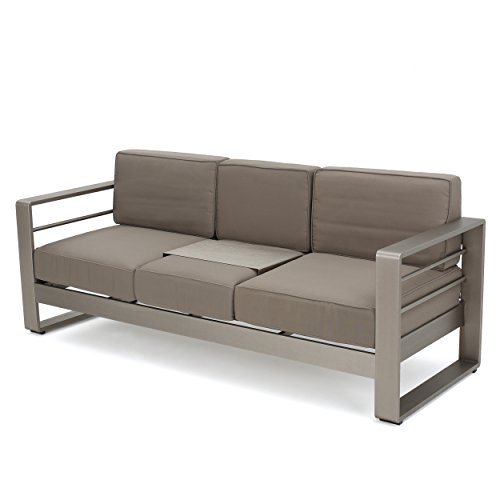 Christopher Knight Home Nicole Outdoor 7-Seater Patio Sofa Set with Coffee Table, Silver + Khaki