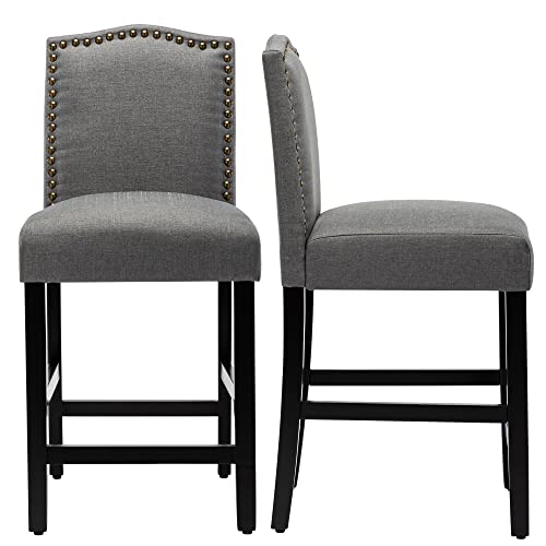 GOTMINSI Grey Counter Height Bar Stool 24 Inches Upholstered Back Barstool with Antique Gold Nail Heads Solid Wood Set of 2 Counter Height Bar Chairs
