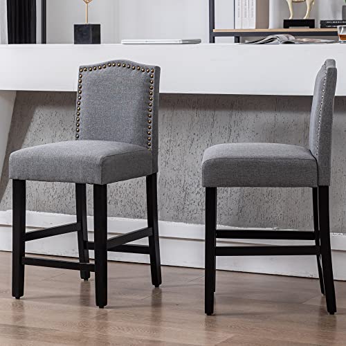 GOTMINSI Grey Counter Height Bar Stool 24 Inches Upholstered Back Barstool with Antique Gold Nail Heads Solid Wood Set of 2 Counter Height Bar Chairs