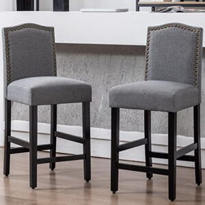 GOTMINSI Grey Counter Height Bar Stool 24 Inches Upholstered Back Barstool with Antique Gold Nail Heads Solid Wood Set of 2 Counter Height Bar Chairs