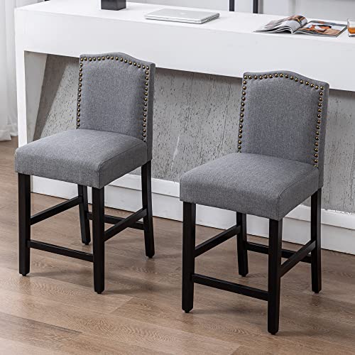 GOTMINSI Grey Counter Height Bar Stool 24 Inches Upholstered Back Barstool with Antique Gold Nail Heads Solid Wood Set of 2 Counter Height Bar Chairs