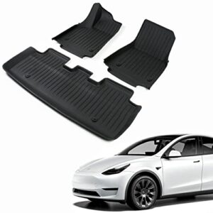 pedigree 3d floor mats compatible with 2021 2022 2023 tesla model y custom fit black tpe floor liners 1st & 2nd row all-weather protection(floor mats)