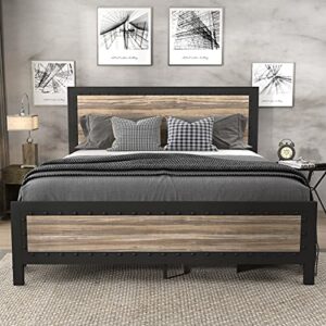 sha cerlin heavy duty full size bed frame/metal platform bed with rivet wooden headboard footboard/ 13 strong steel slats support/no box spring needed/mattress foundation/easy assembly