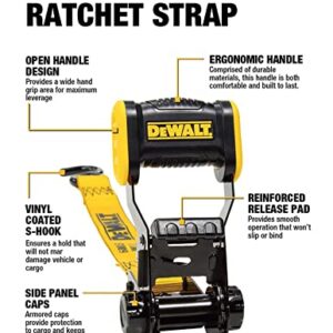 DEWALT DXBC18002 Black/Yellow 1.25" x 12' Ratchet Tie Down Straps - Light-Weight Cargo Hauling (1800 lb Break Strength), 2 Pack