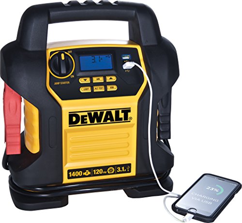 DEWALT DXAEJ14 Digital Portable Power Station Jump Starter: 1400 Peak/700 Instant Amps, 120 PSI Digital Air Compressor, 3.1A USB Ports, Battery Clamps , Yellow