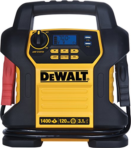 DEWALT DXAEJ14 Digital Portable Power Station Jump Starter: 1400 Peak/700 Instant Amps, 120 PSI Digital Air Compressor, 3.1A USB Ports, Battery Clamps , Yellow