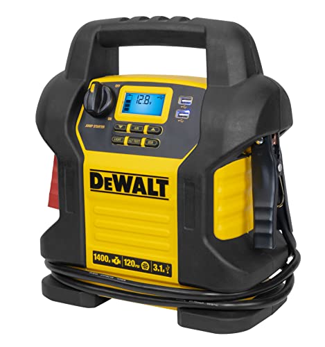 DEWALT DXAEJ14 Digital Portable Power Station Jump Starter: 1400 Peak/700 Instant Amps, 120 PSI Digital Air Compressor, 3.1A USB Ports, Battery Clamps , Yellow