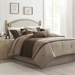 madison park palisades comforter set modern faux suede pieced stripe design, all season down alternative cozy bedding with matching shams, decorative pillows, queen(90″x90″), brown 7 piece