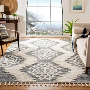 SAFAVIEH Moroccan Tassel Shag Collection 8' x 10' Ivory/Grey MTS652F Boho Non-Shedding Living Room Bedroom Dining Room Entryway Plush 2-inch Thick Area Rug