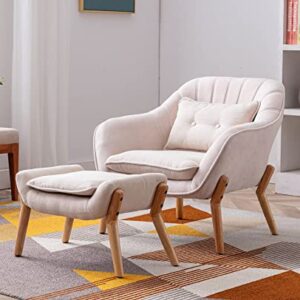 Lei Yu Shunzhi Wood Armchair with Ottoman Mid Century Modern Upholstered Barrel Chair Tufted Living Room Comfy Reading Lumbar Pillow Cushion Leisure Sofa Corner for Small Place, Beige