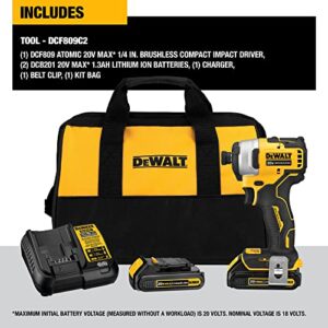 DEWALT ATOMIC 20V MAX* Impact Driver, Cordless, Compact Kit, 2 Batteries, 1/4-Inch (DCF809C2)