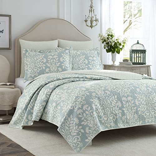 Laura Ashley - Rowland Collection - Quilt Set - 100% Cotton, Reversible, All Season Bedding with Matching Shams, Pre-Washed for Added Comfort, King, Blue